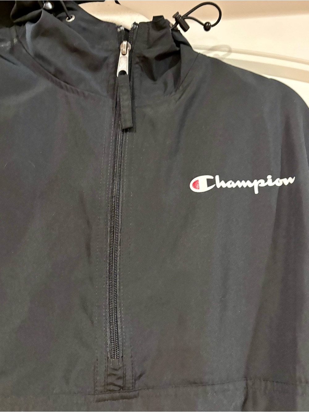 Champion Black Hooded Windbreaker with White Logo